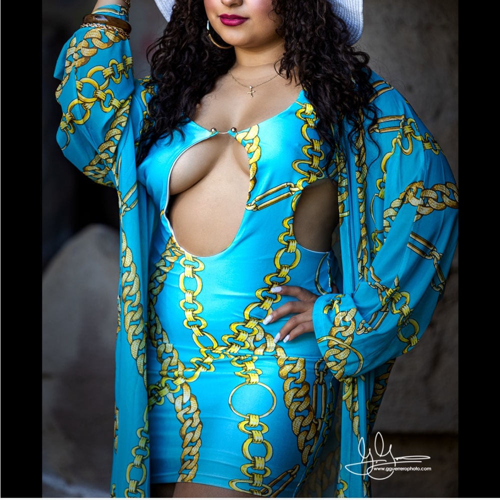 Fashion Nova Blue and Gold Chain Mini Dress